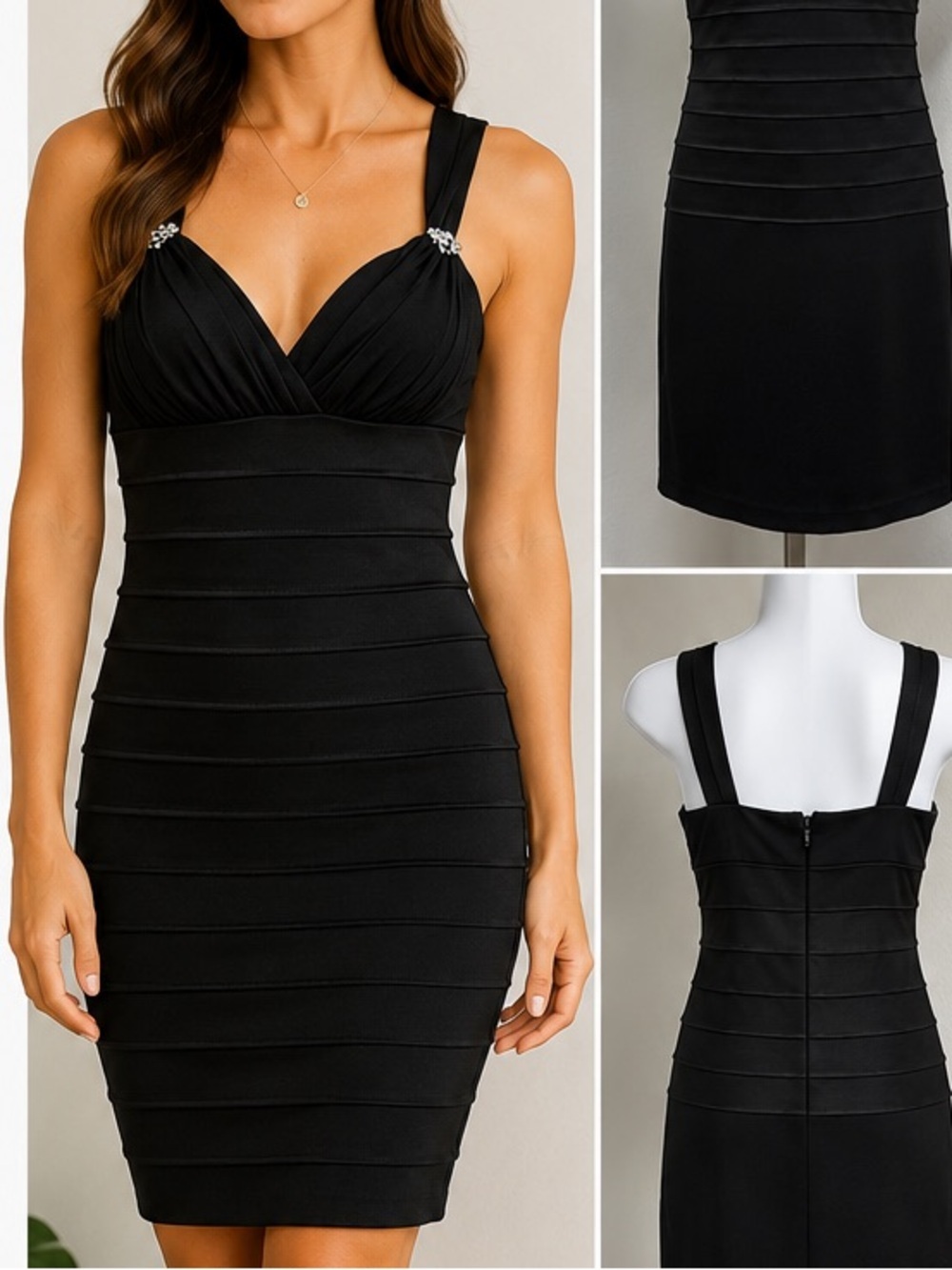 NWT Betsy & Adam Black Bodycon Cocktail Dress Rhinestone Strap Size 6